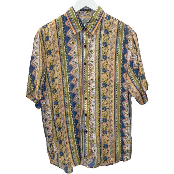Vintage Croquet Club Short Sleeve Silk Blouse Size M Yellow Floral Boho Cottage - Picture 1 of 5